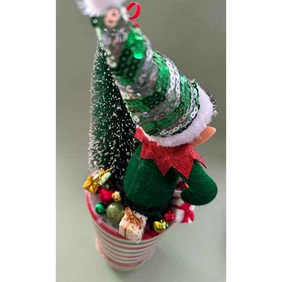 Price Reduced Vintage Christmas Elf Assemblage Centerpiece Bottlebrush Trees - Picture 5 of 7